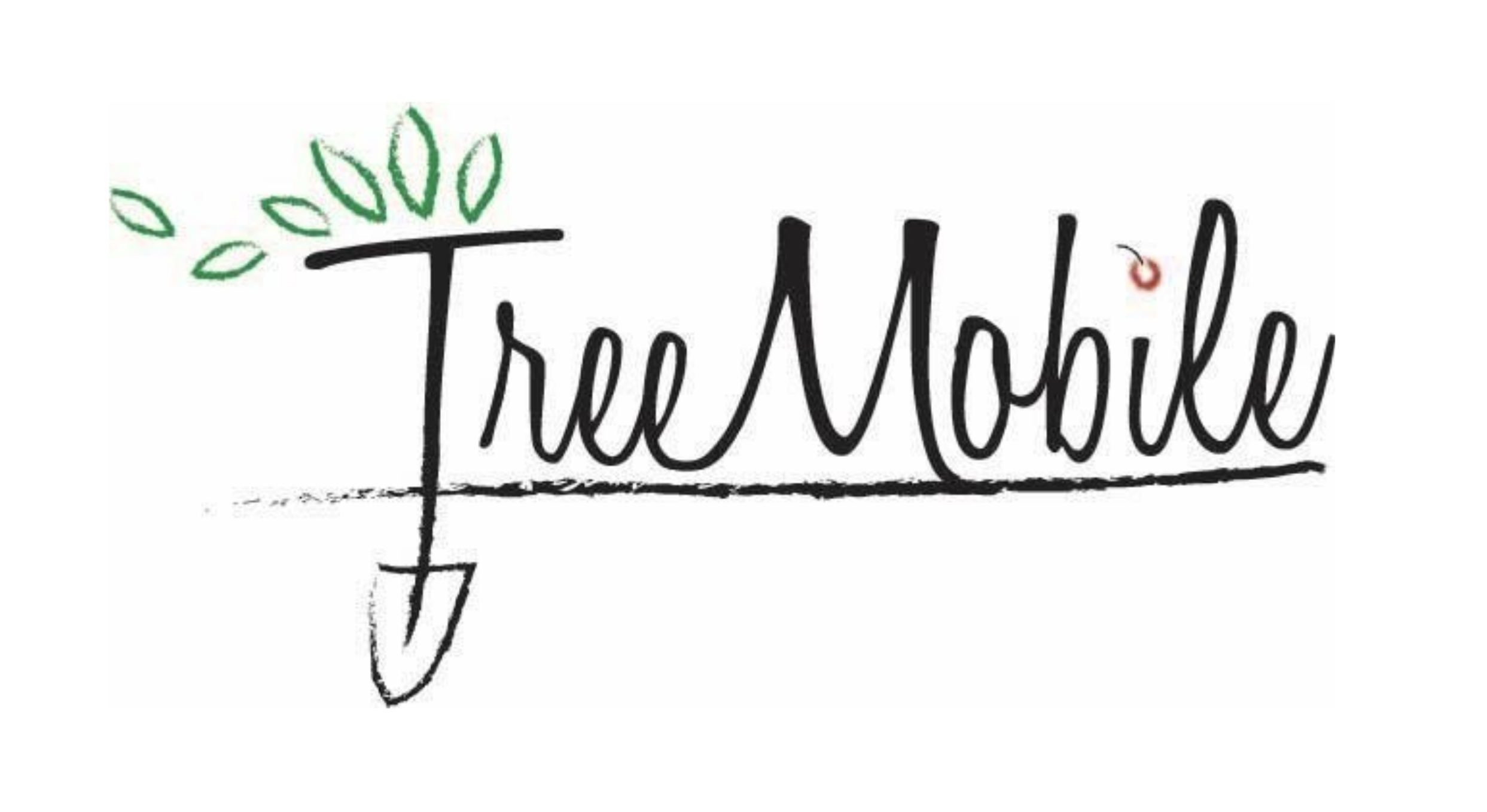 TreeMobile logo, a hand-written script where the "T" is made into a shovel with gerenery on the top.