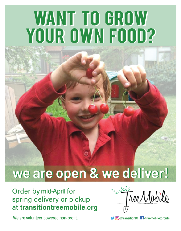 A marketing poster featuring a boy holding up cherries. It reads: "What to grow your own food? We're open & we deliver!"